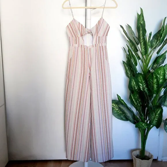 6 Shore Road Bayside Linen Striped Wide Leg Jumpsuit w Tie & Keyhole Front XS